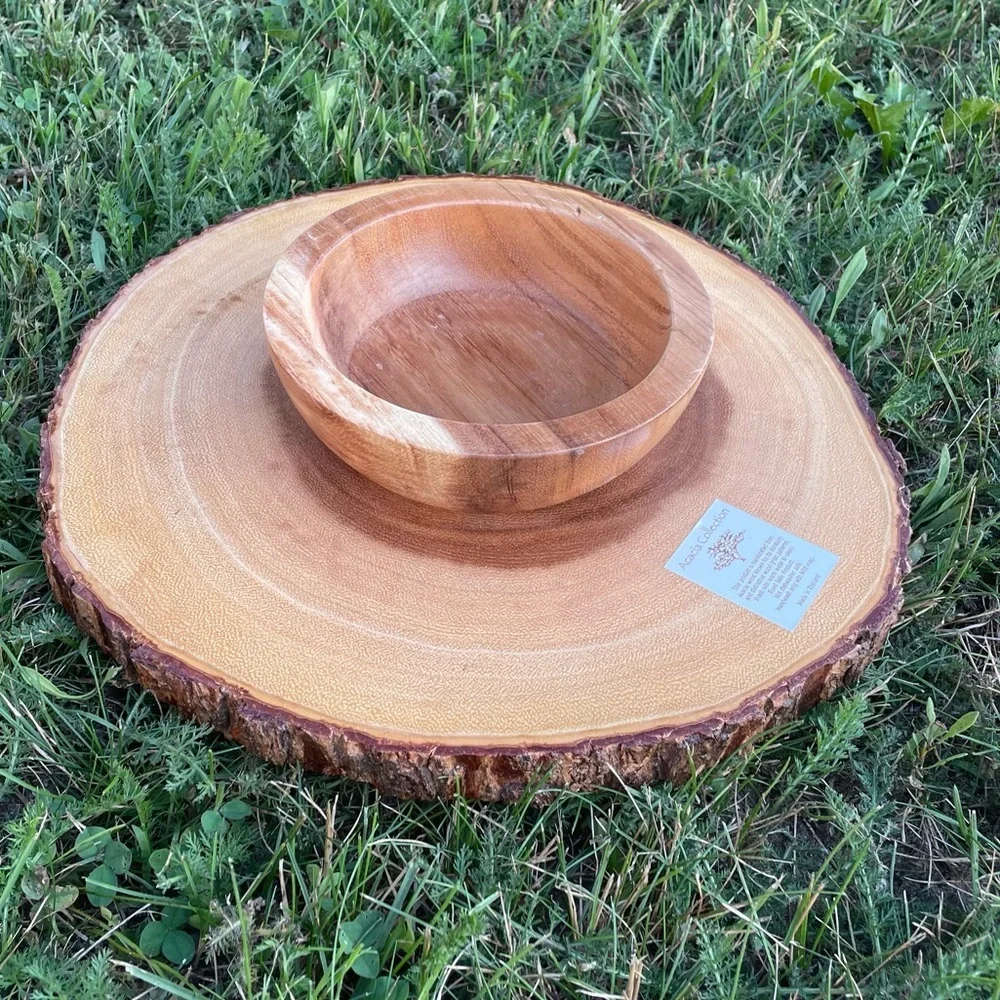 ACACIA COLLECTION Handcrafted Wooden Wood Slice Raw Edge Serving Tray Bowl